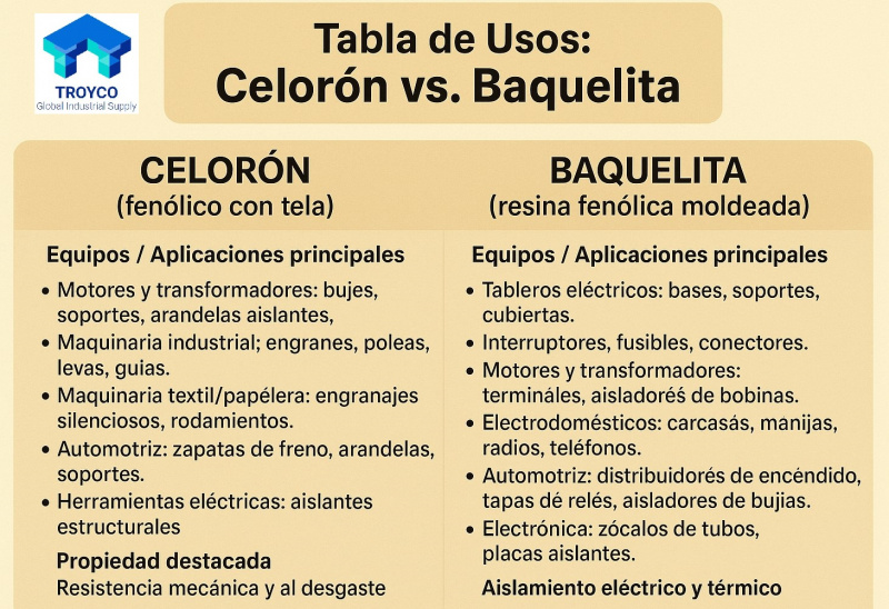 TABLA DE APLICACIONES DE BAQUELITA Y CELORON